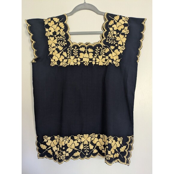 Women Mexican Embroidered Navy Gold Top Floral Sz Small (EU 34)  Anthropologie - Picture 3 of 3